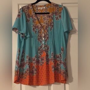 Rose & Olive Teal and Orange Floral Blouse